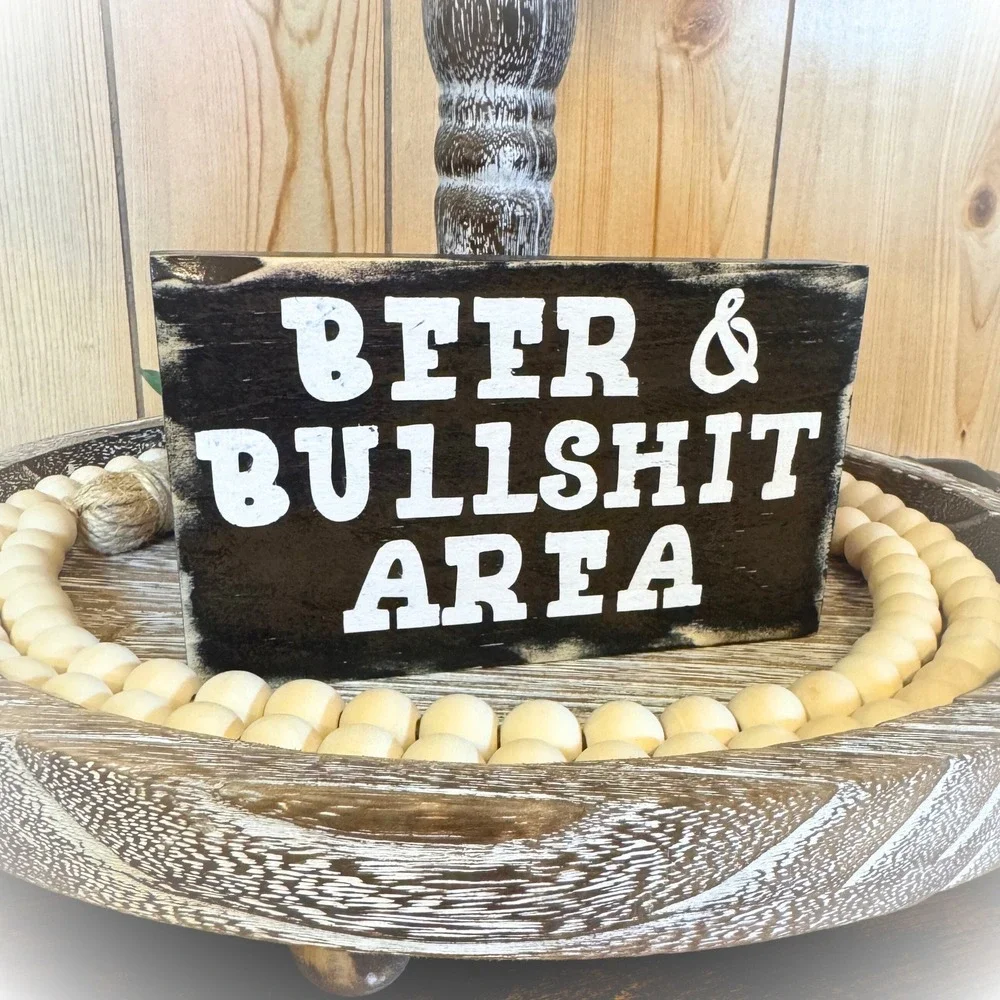 Beer & Bullshit Area Rustic‎ Wood Sign Basket Case Designs Man Cave Bar Decor